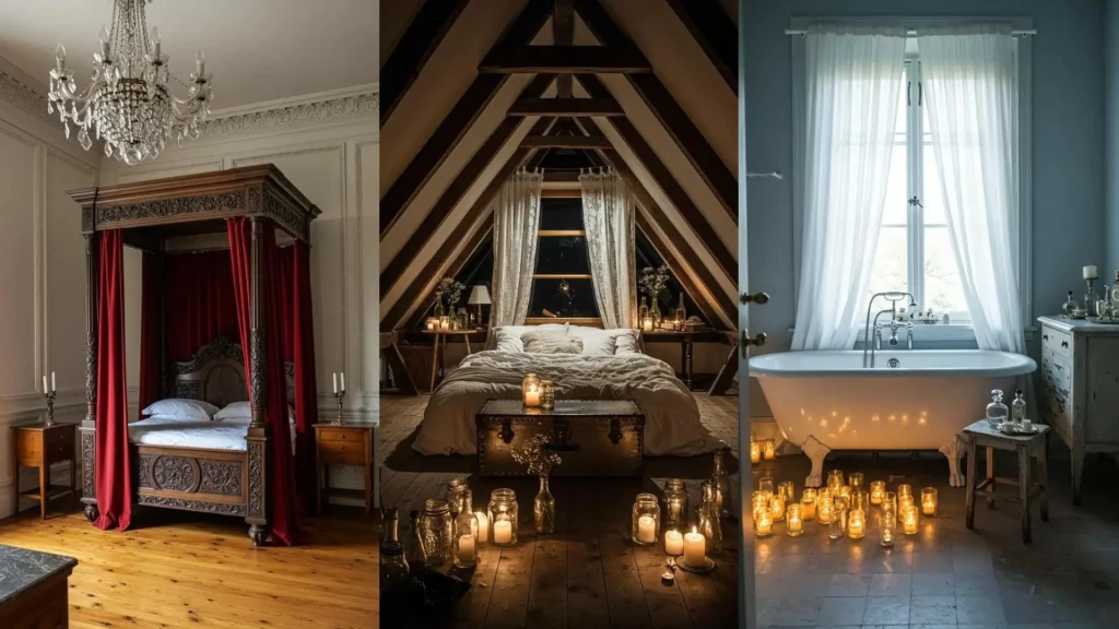 Romantic bedrooms and bathrooms with candlelight, flowing curtains, and vintage details creating cozy spaces.