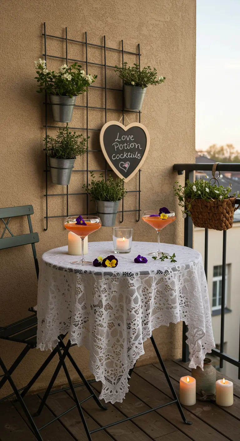 A romantic balcony setting with a lace tablecloth and cocktails garnished with edible flowers.