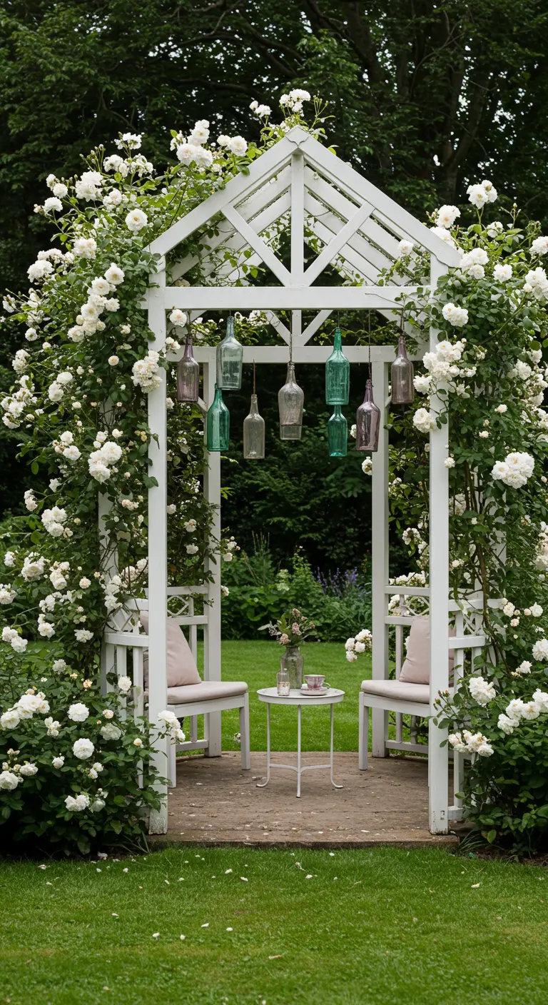 A white garden arbor covered in roses, with colorful glass bottles hanging inside.
