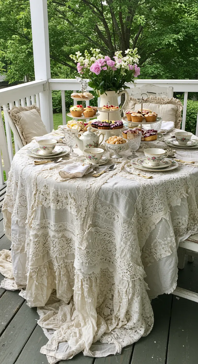 A stunning multi-layered ruffled lace tablecloth on a porch for a vintage tea party.