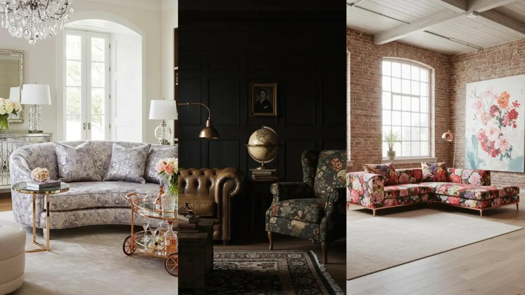 Three vintage-inspired living rooms featuring floral upholstery, rose gold accents, and romantic decor.