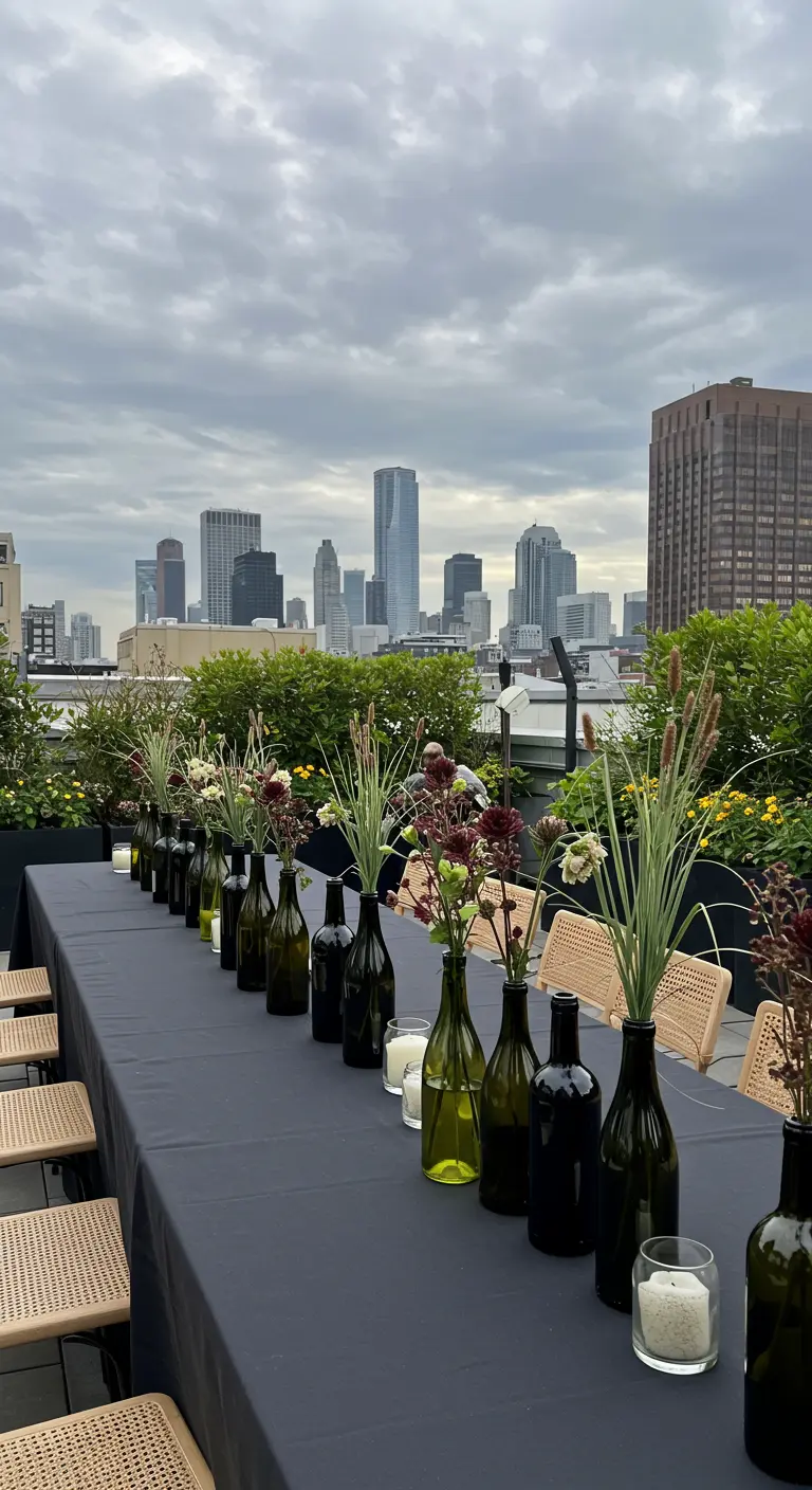 Rooftop table with a long line of wine bottles used as flower vases.