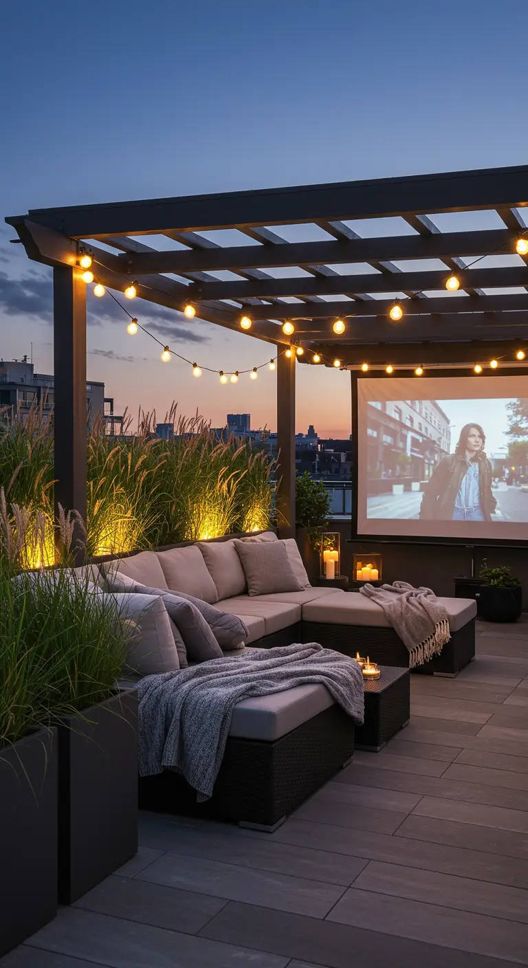 A rooftop terrace set up for an outdoor movie night with a projector, screen, and comfy sectional.