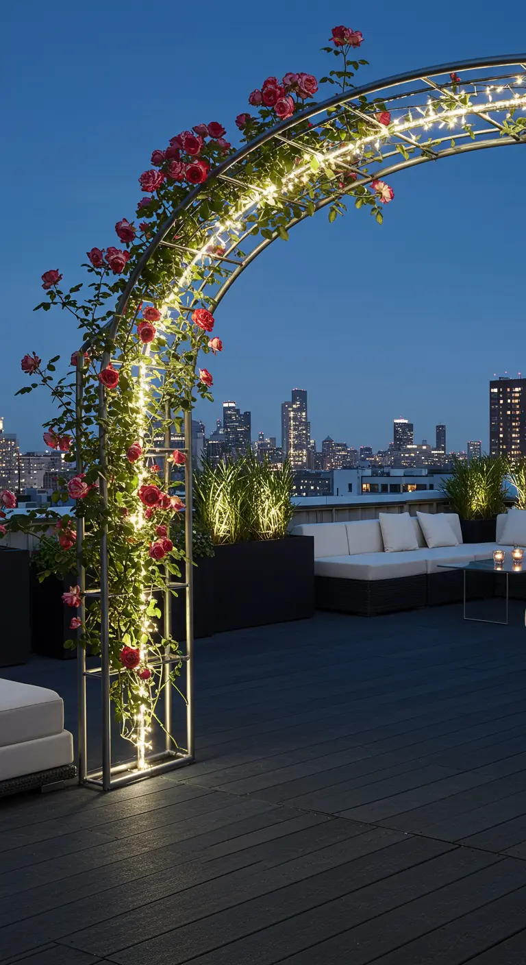 Modern metal arch with red climbing roses and fairy lights on a rooftop patio with city views.