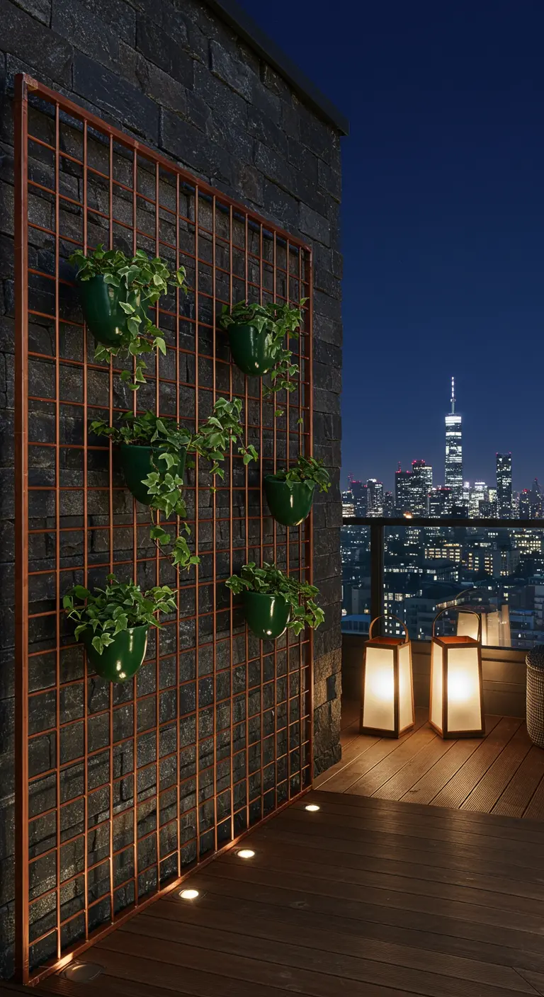 A copper-colored metal grid with green planters on a rooftop overlooking a city skyline.