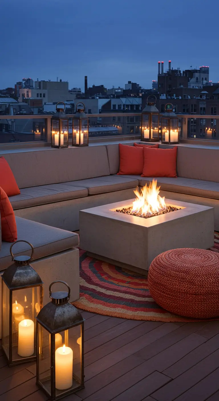 Rooftop deck with a sectional sofa, a fire pit, large lanterns, and a colorful round rug.