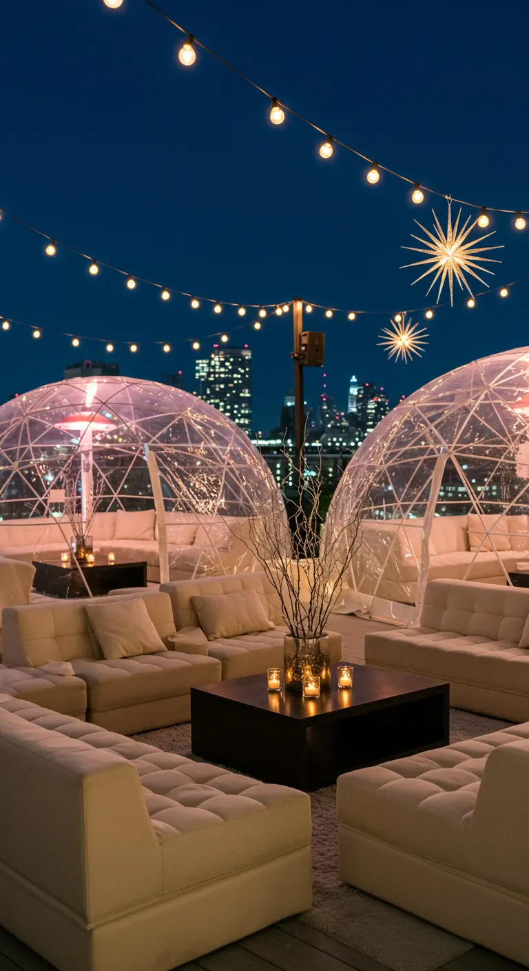 A rooftop patio at night with clear, illuminated igloo domes and cozy seating areas.