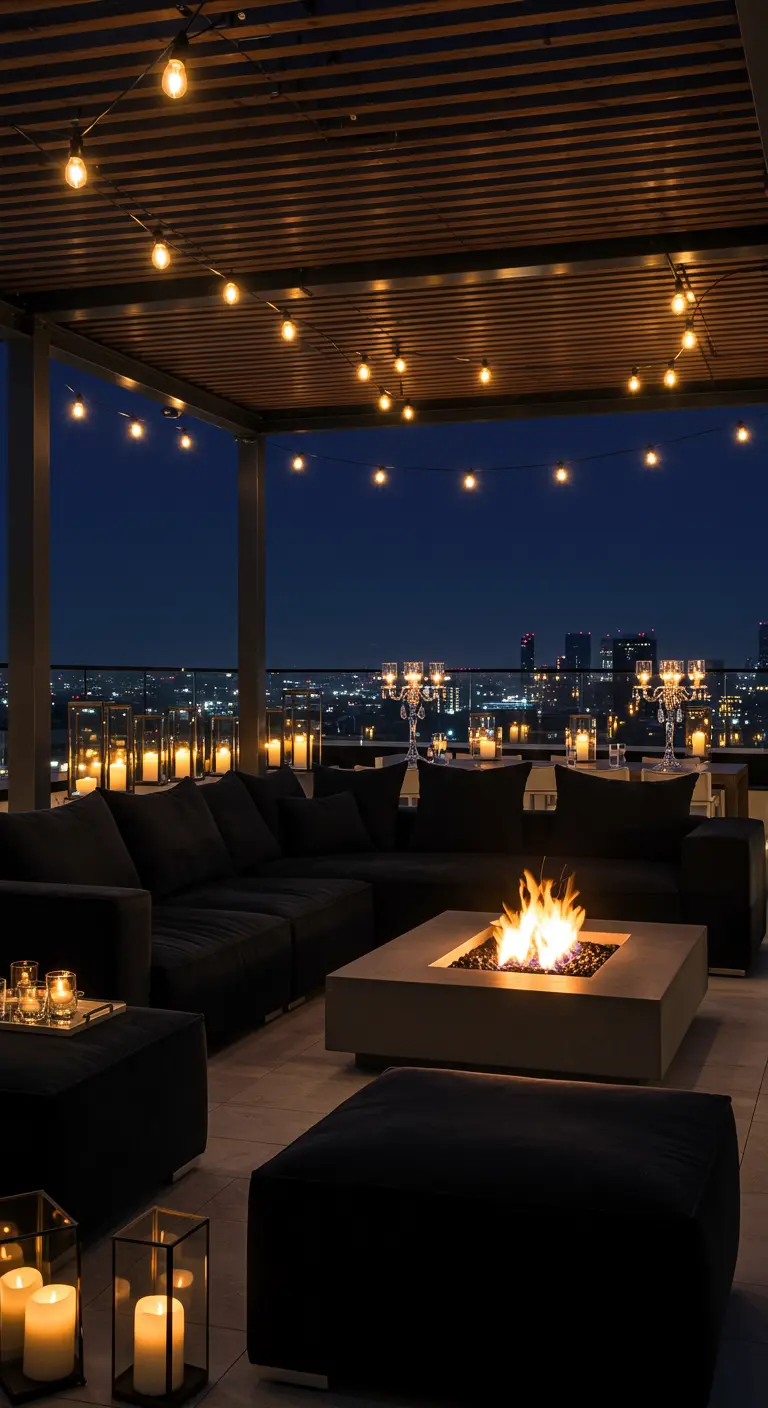 A luxurious rooftop terrace with a large black sectional sofa, a central fire pit, and many candles.