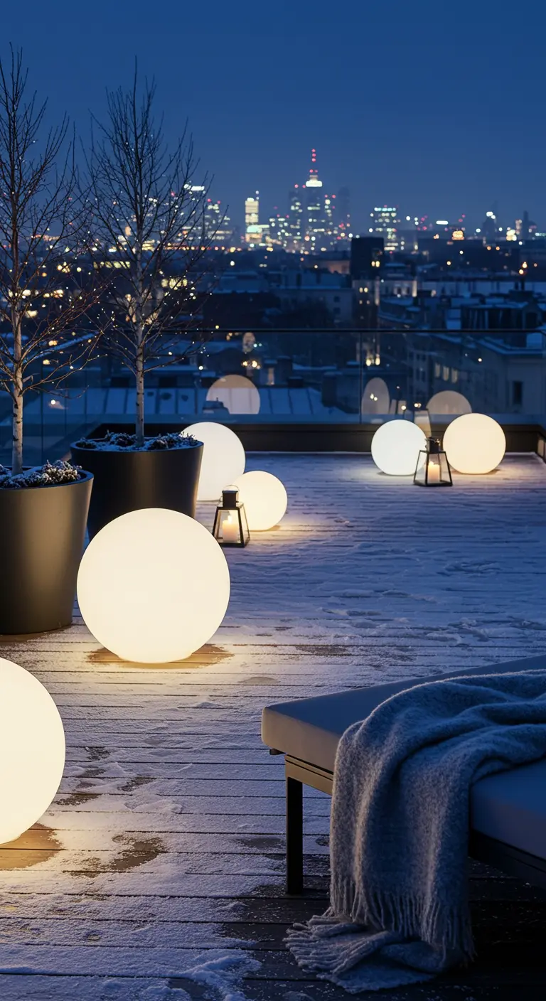 A snowy rooftop terrace with glowing orbs and lanterns overlooking a city at night.