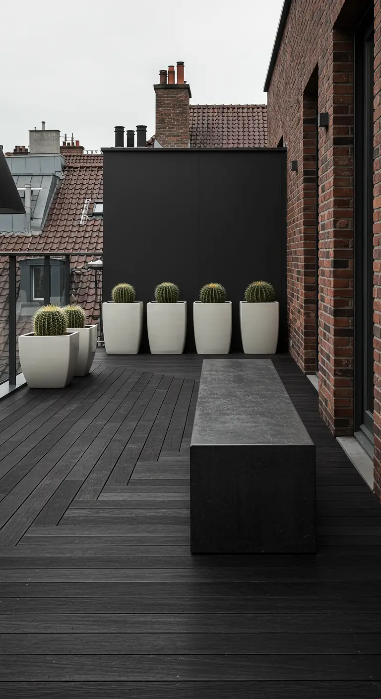 A dark concrete bench on a black rooftop deck, with a line of white pots holding cacti.