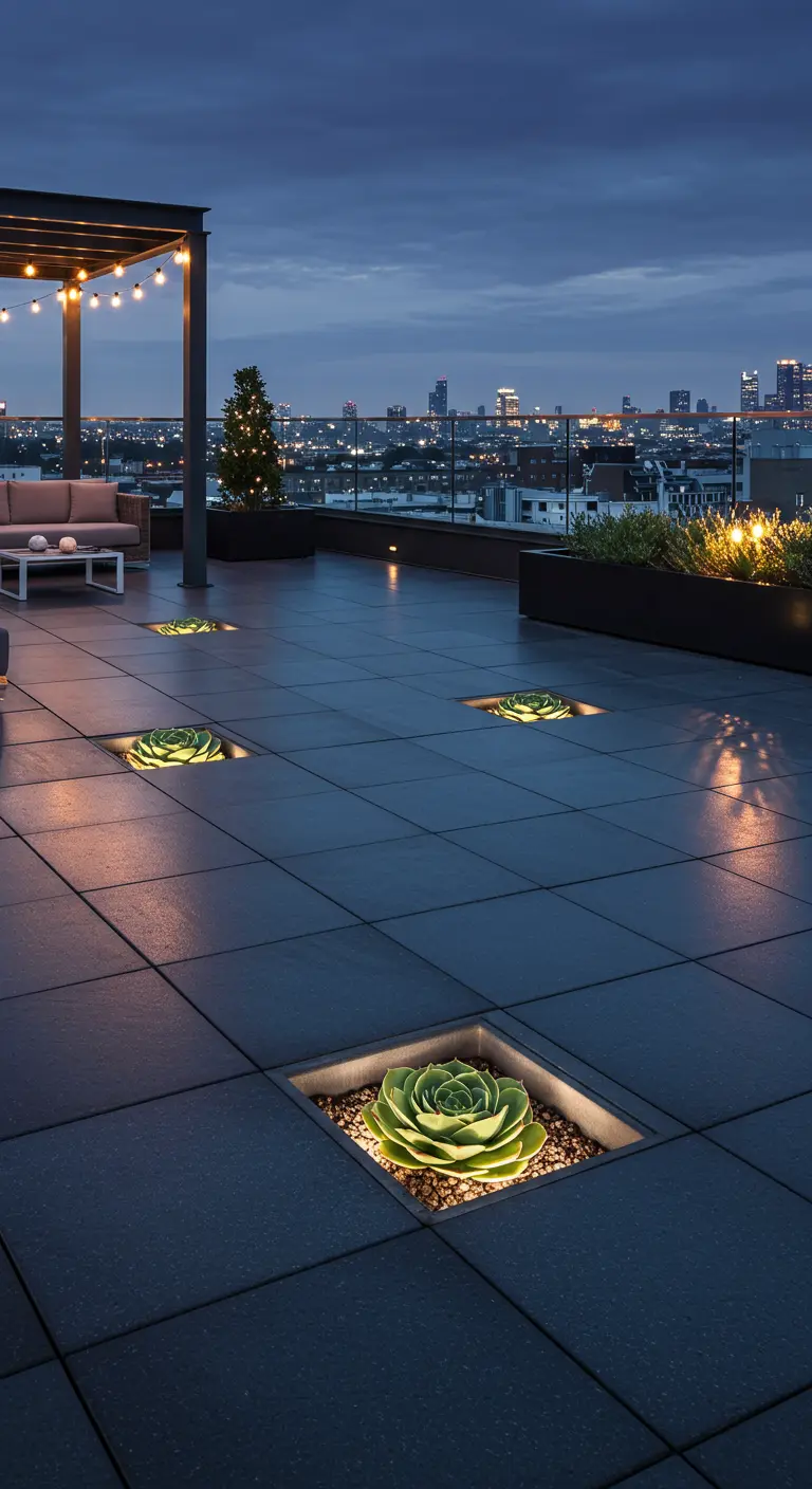 A modern rooftop patio at night with recessed, illuminated floor planters holding large succulents.