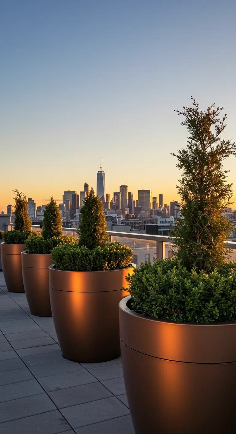 Large bronze-colored planters with evergreens on a city rooftop at sunset.