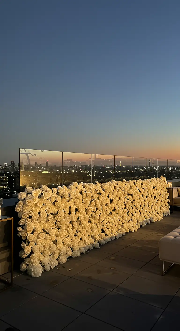 A low wall of white roses on a rooftop terrace, with a city skyline visible at sunset.