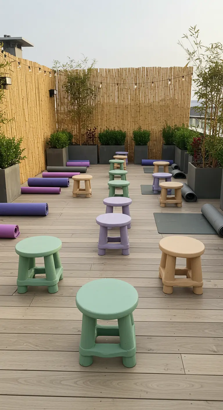 Low pastel-colored stools arranged neatly on a rooftop deck for a yoga or meditation session.