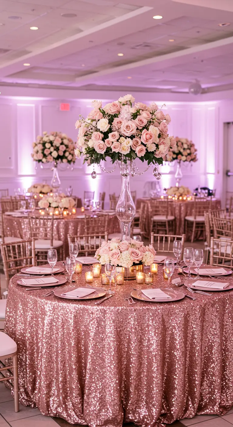 A wedding reception with rose gold sequin tablecloths and tall centerpieces of pink roses.