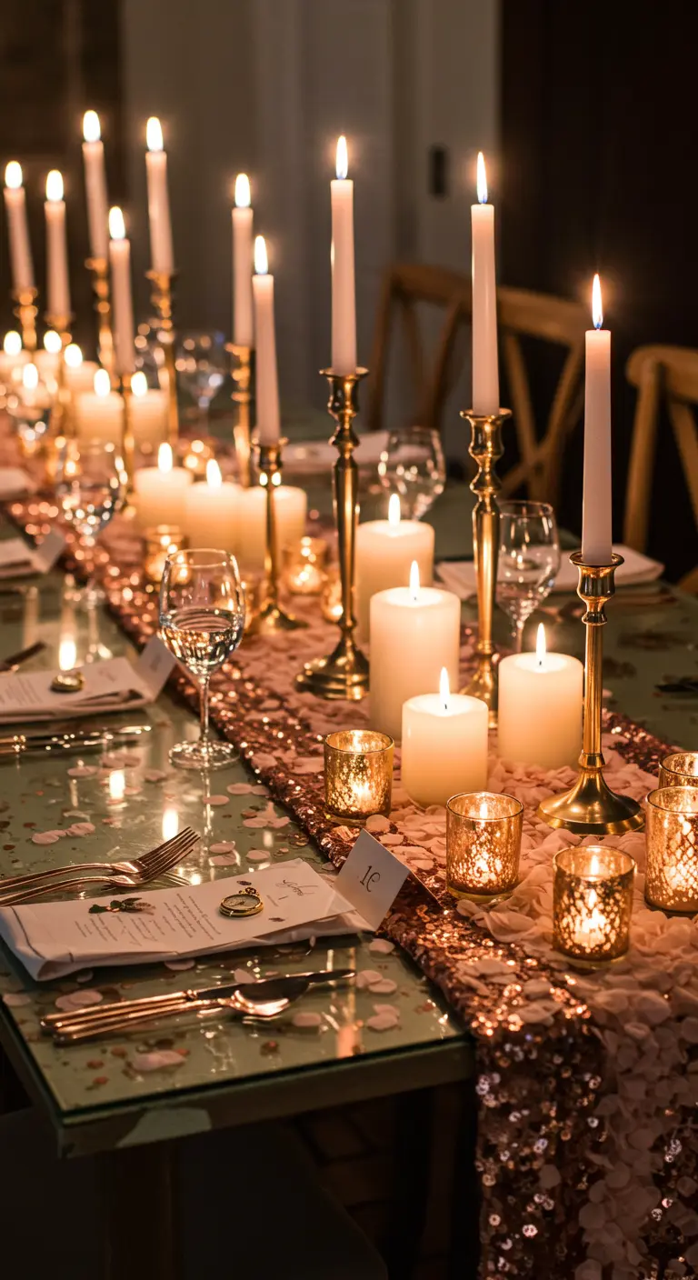 A glamorous table with a rose gold sequin runner, mixed candles, and rose gold flatware.