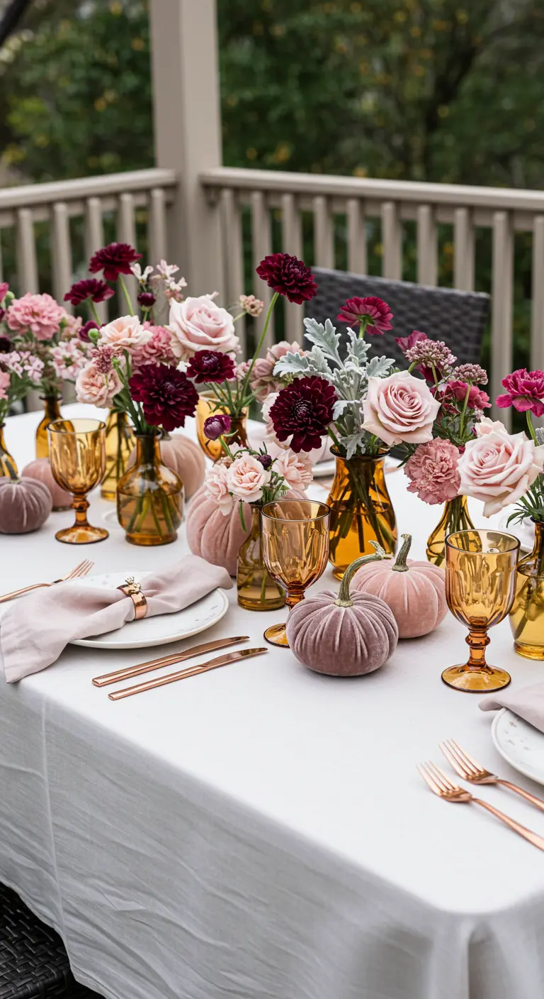 Romantic fall table with dusty rose velvet pumpkins and blush and burgundy flowers.