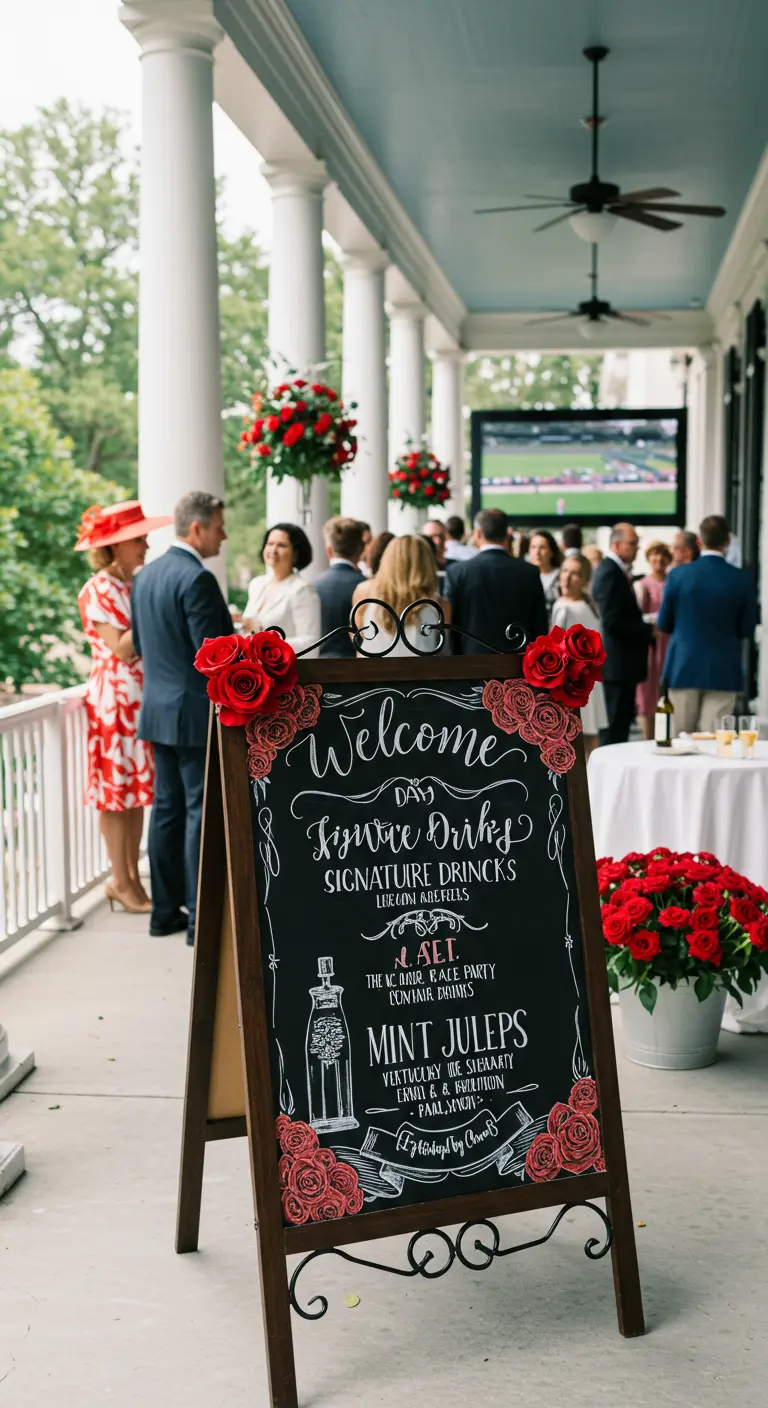 A detailed chalkboard sign for a Derby party, decorated with drawings and red roses.