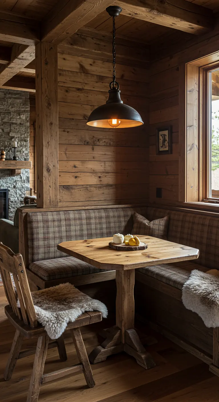A rustic dining nook with wood-paneled walls, plaid upholstery, and sheepskin throws.