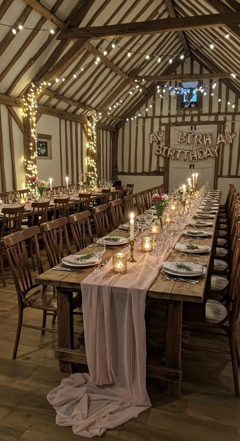 A long birthday dinner table in a rustic barn with exposed beams and fairy lights.