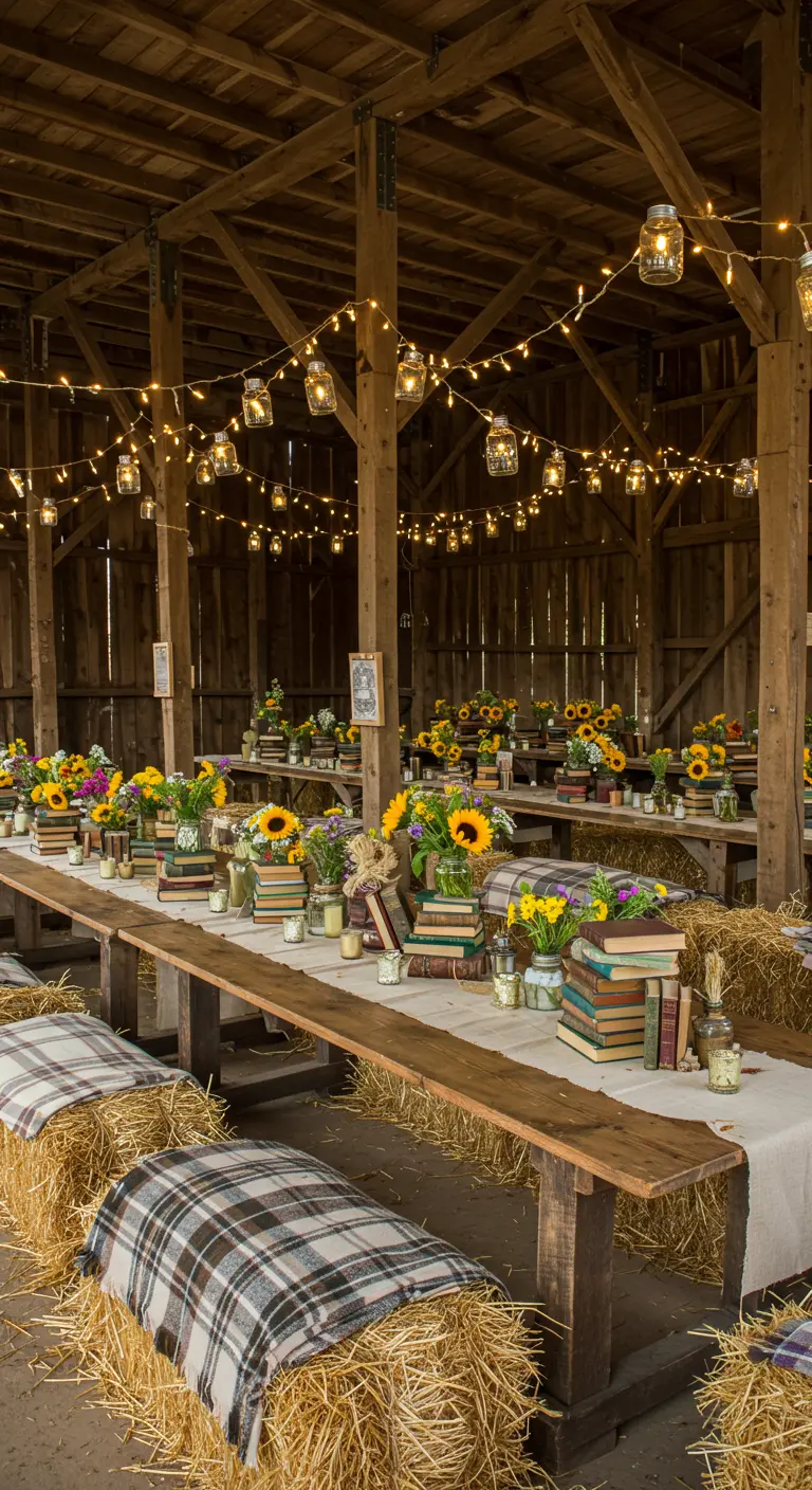 Rustic barn party with hay bale seating, bookstacks, sunflowers, and mason jar lights.