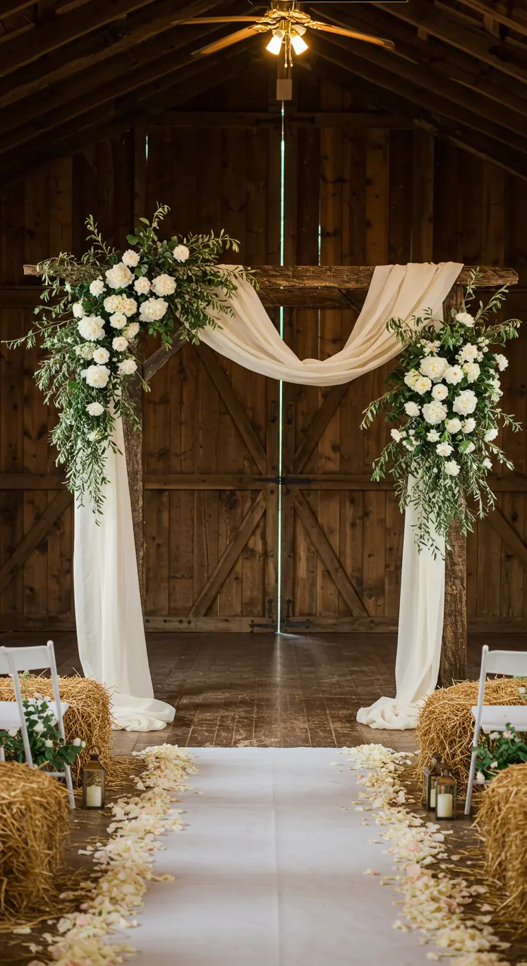 A rustic wooden wedding arch with white peonies and draped fabric in a barn.