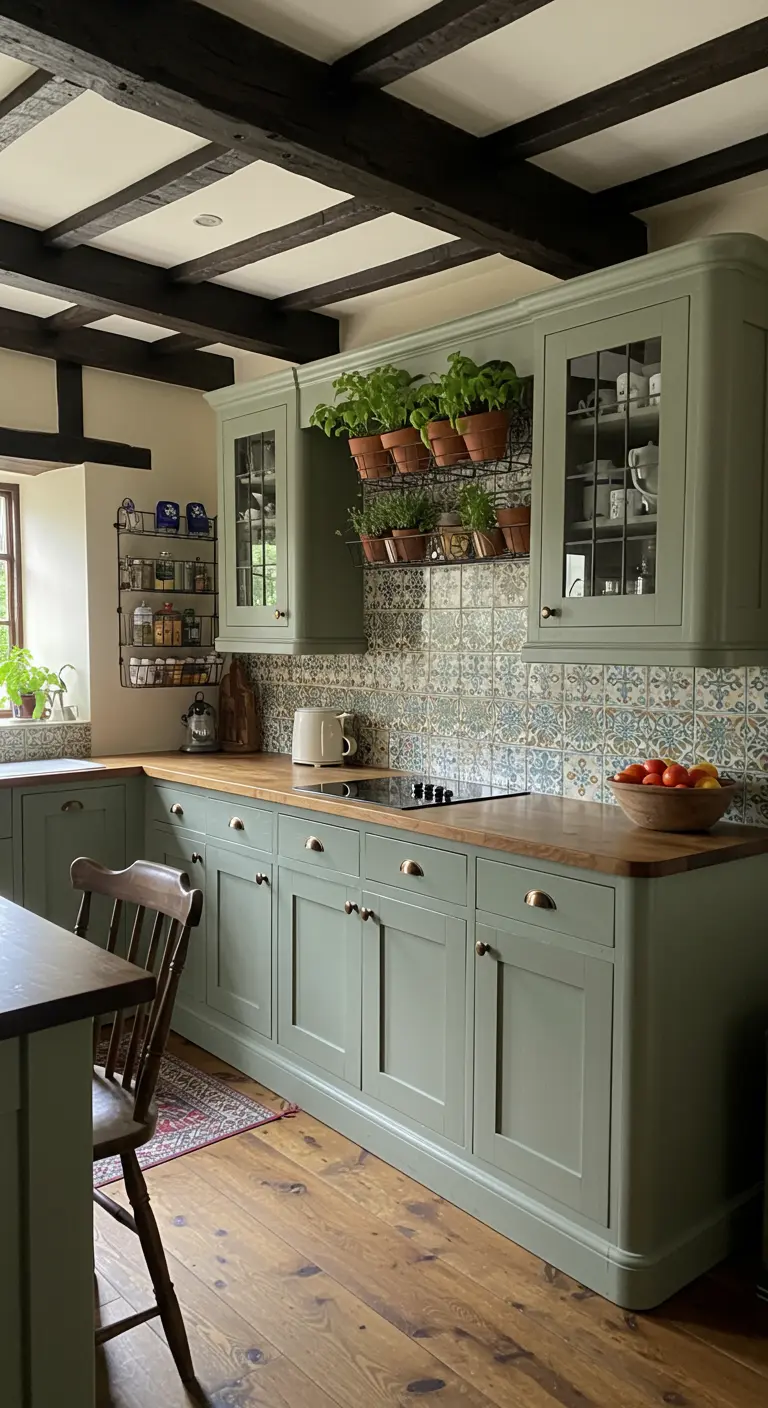 Farmhouse kitchen with sage green cabinets, dark wood beams, and a patterned tile backsplash.