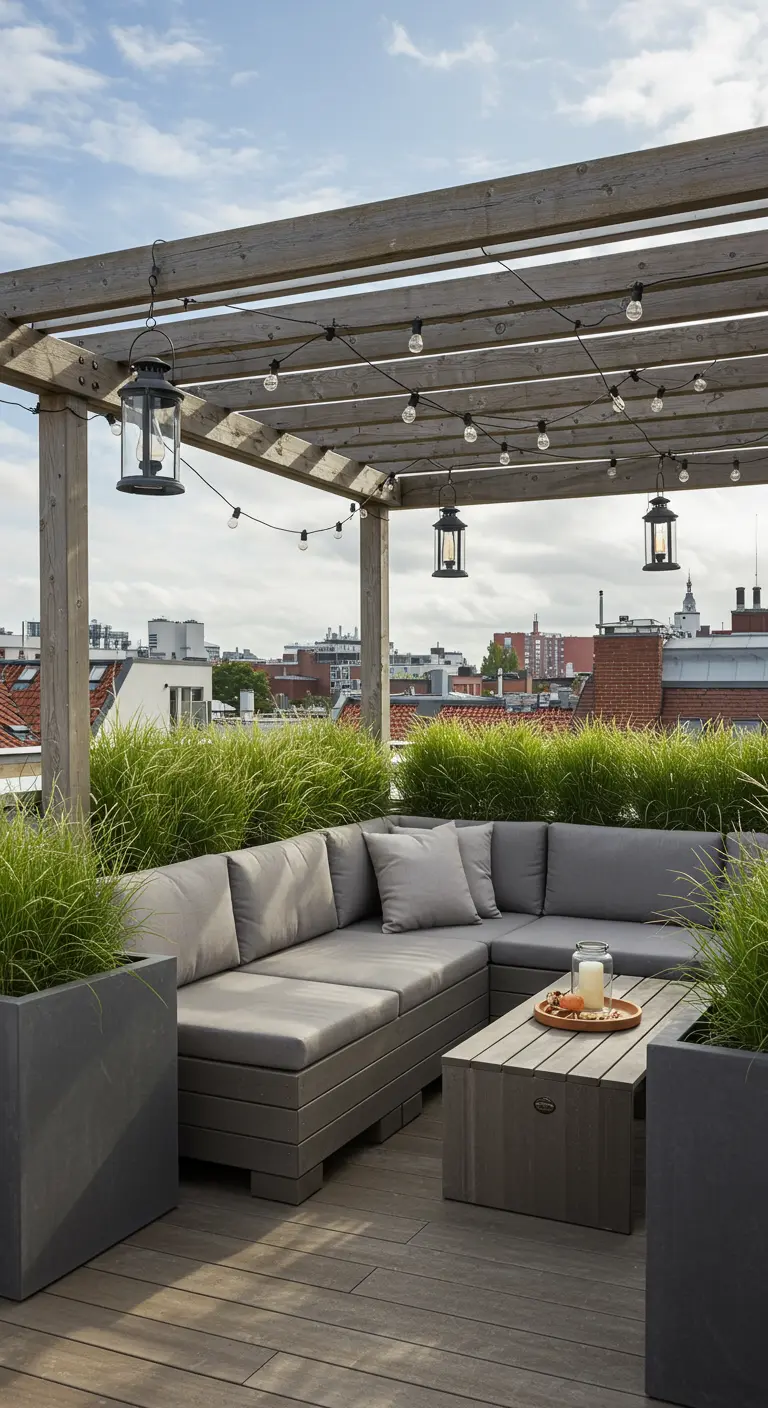 A rooftop patio with a wooden pergola, a large grey sectional sofa, and hanging black lanterns.