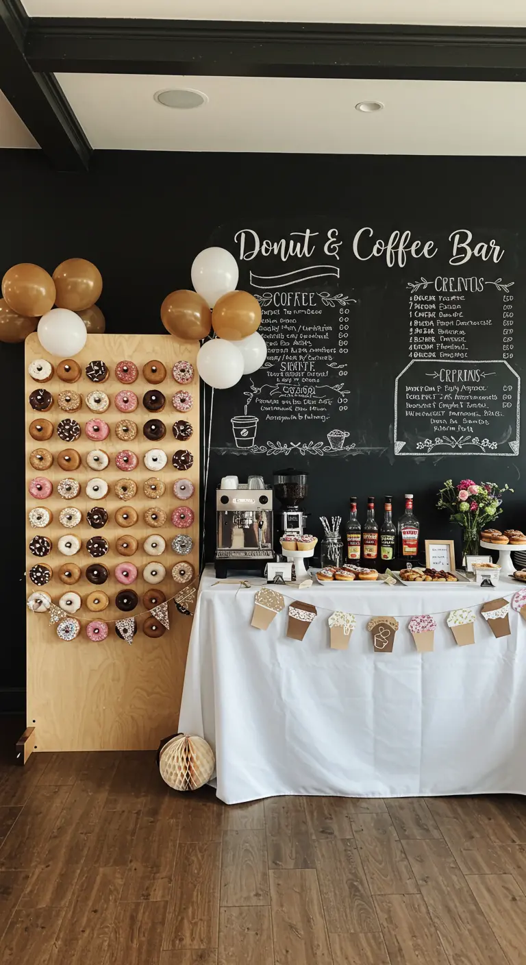 A donut and coffee bar with a wooden donut wall and a large chalkboard menu in the background.