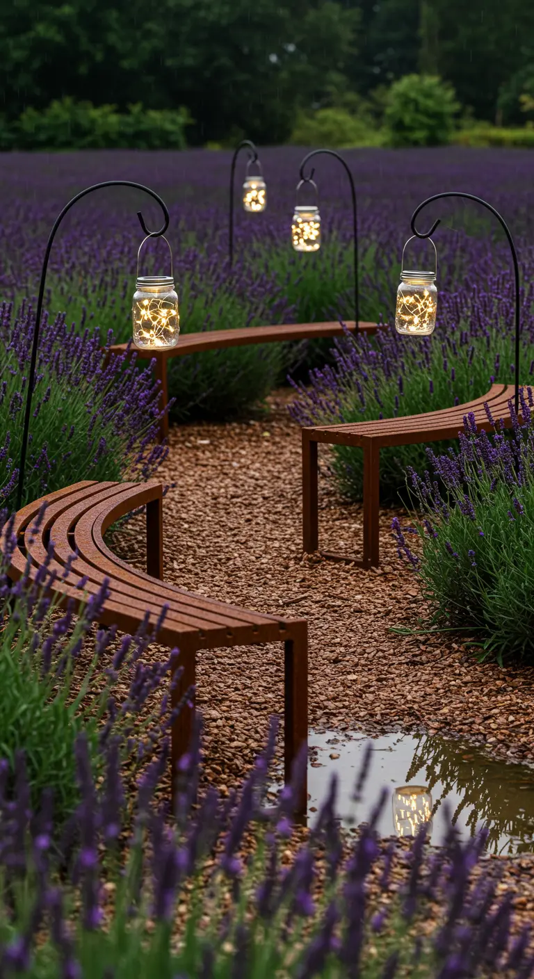 Curved wooden benches along a path with fairy lights in mason jars hanging from hooks.