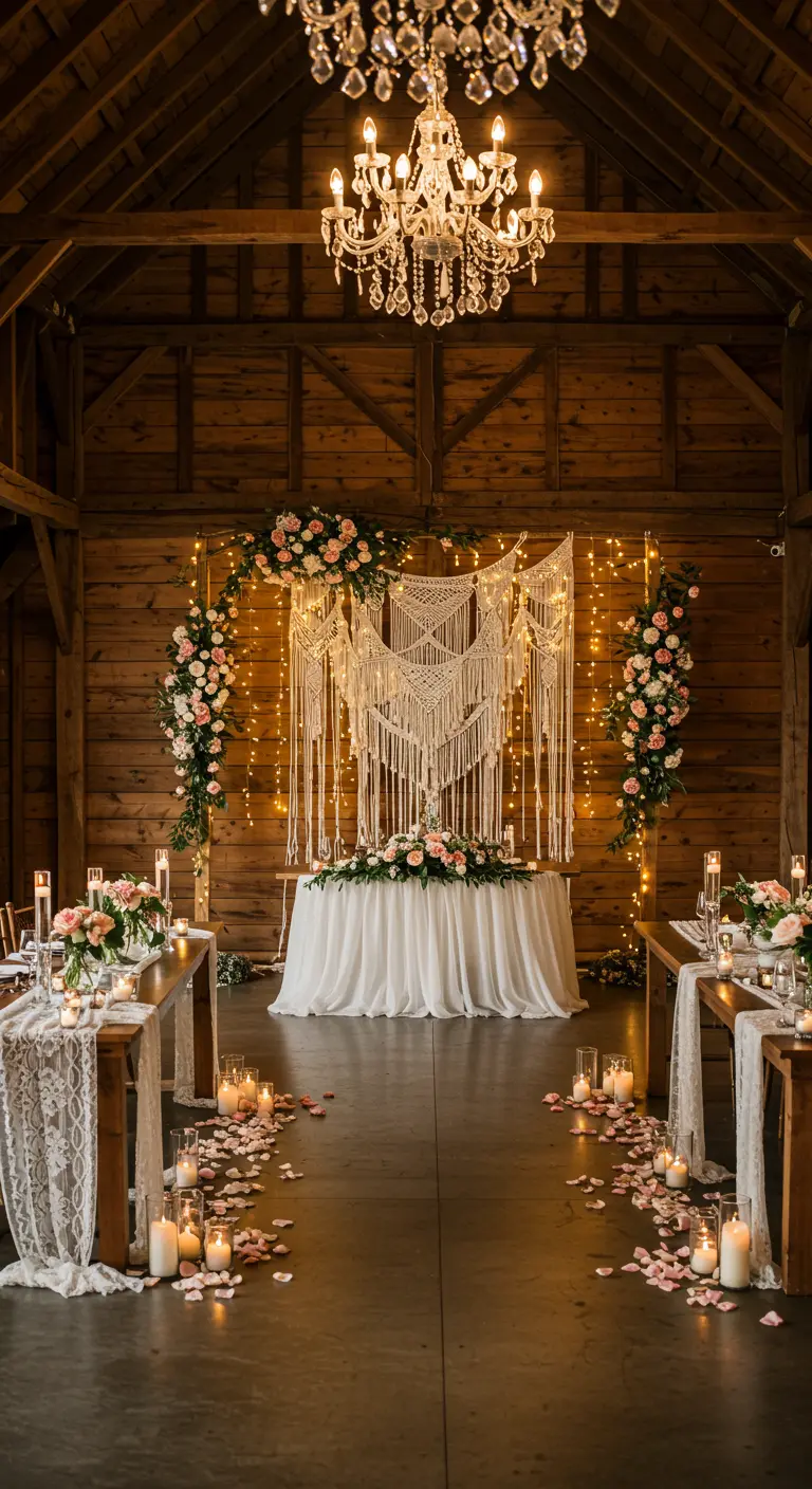 Rustic barn wedding sweetheart table with macrame backdrop, fairy lights, and blush flowers.