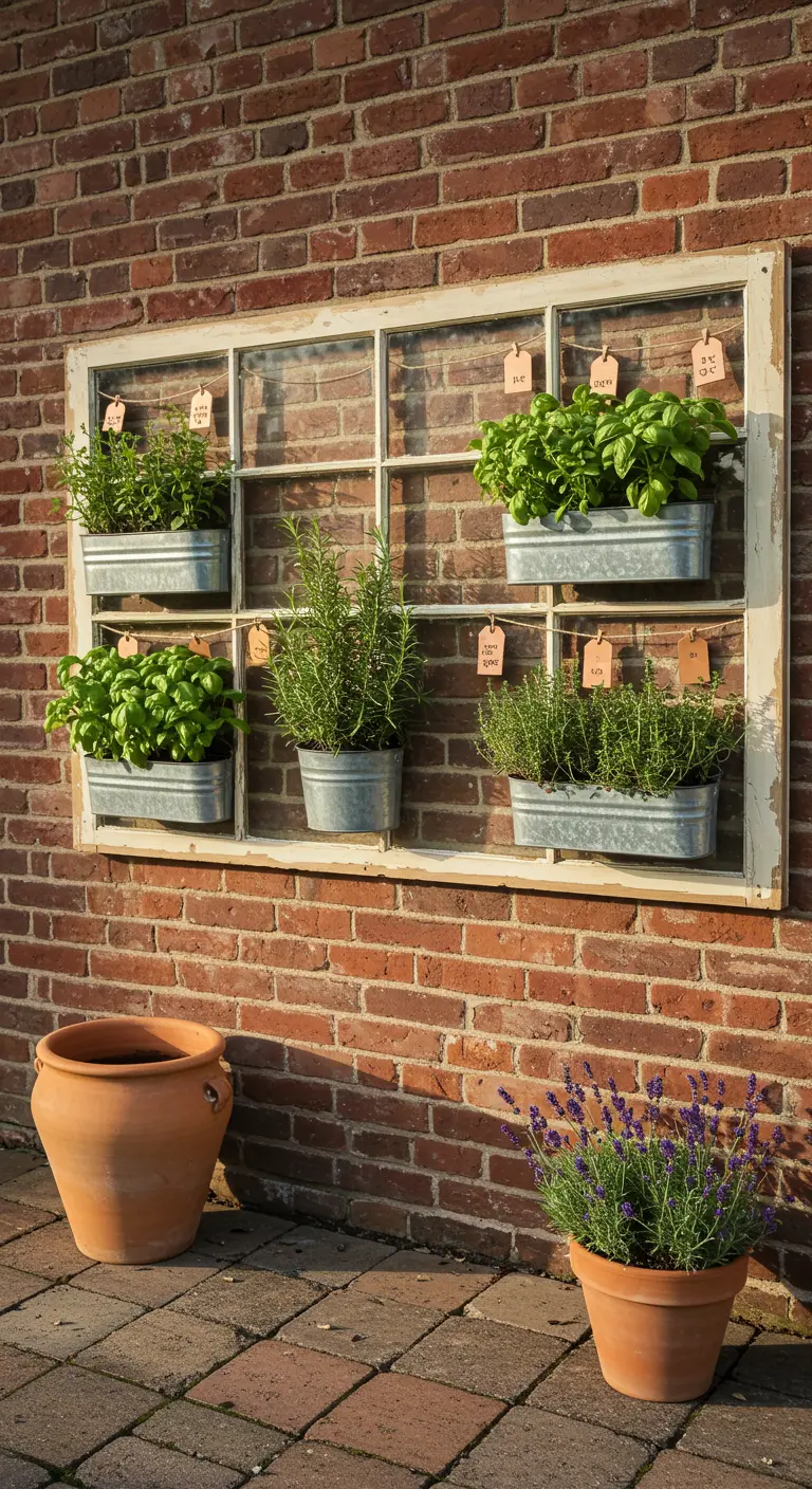 A vintage white window frame mounted on a brick wall, holding galvanized metal boxes with fresh herbs.