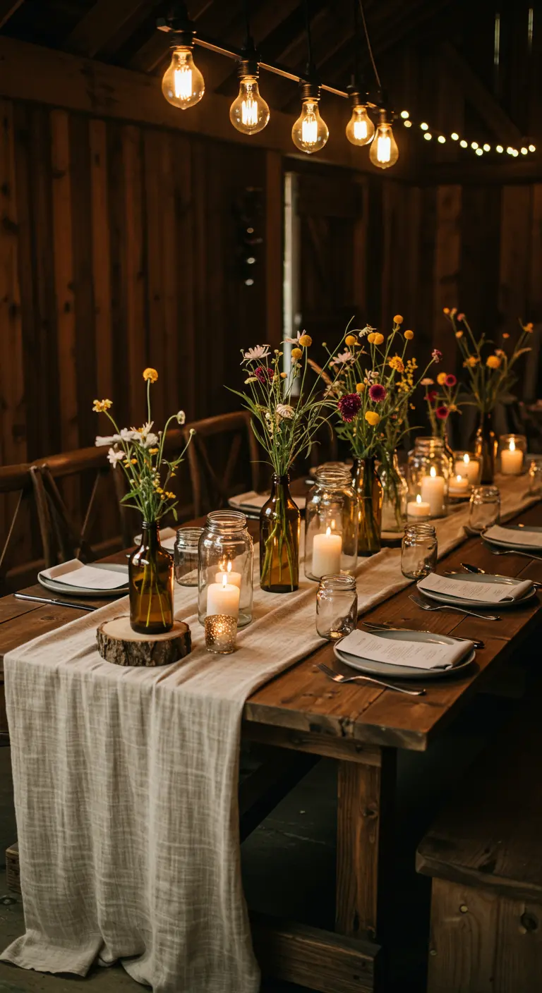 Rustic barn table with a linen runner, wildflowers in amber bottles, and mason jar candles.
