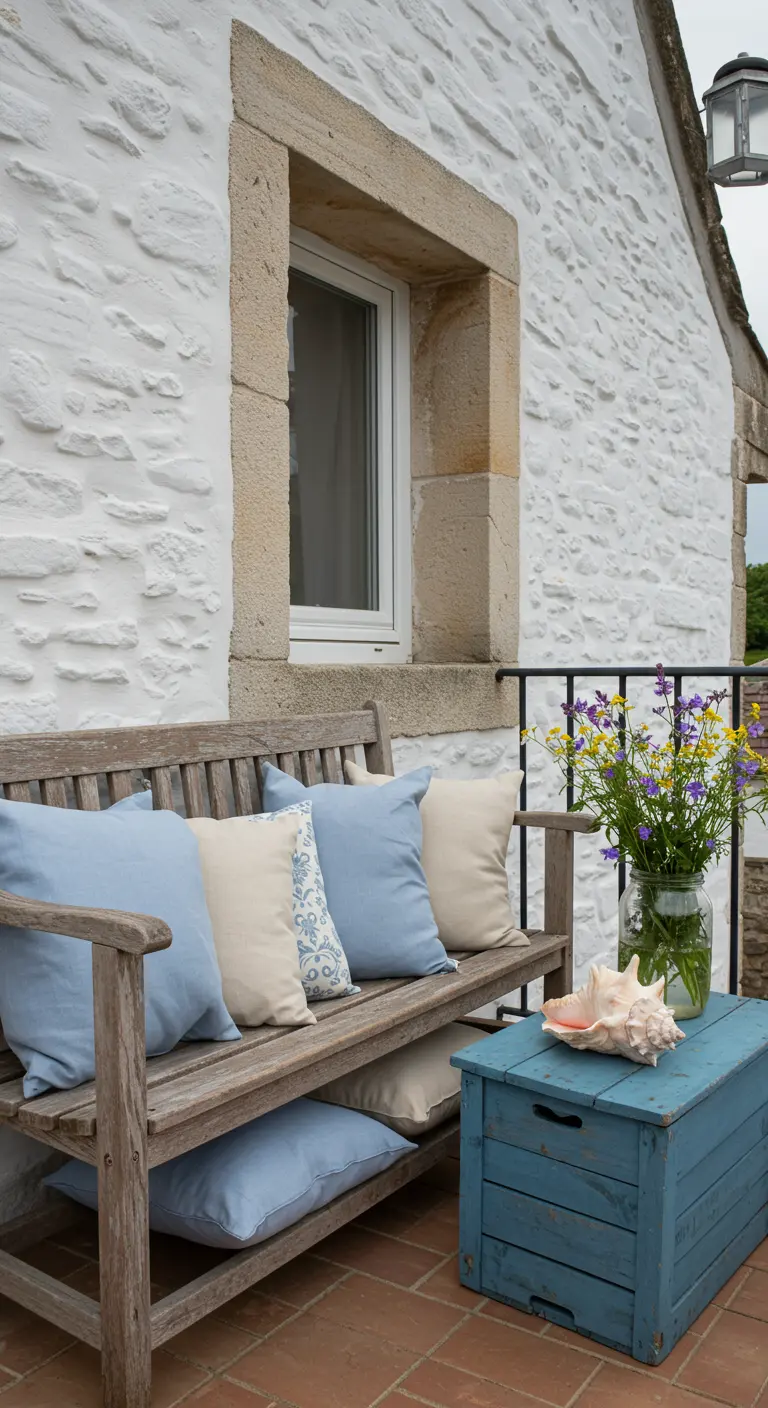 A weathered wooden bench with light blue cushions and a painted blue chest on a terracotta patio.