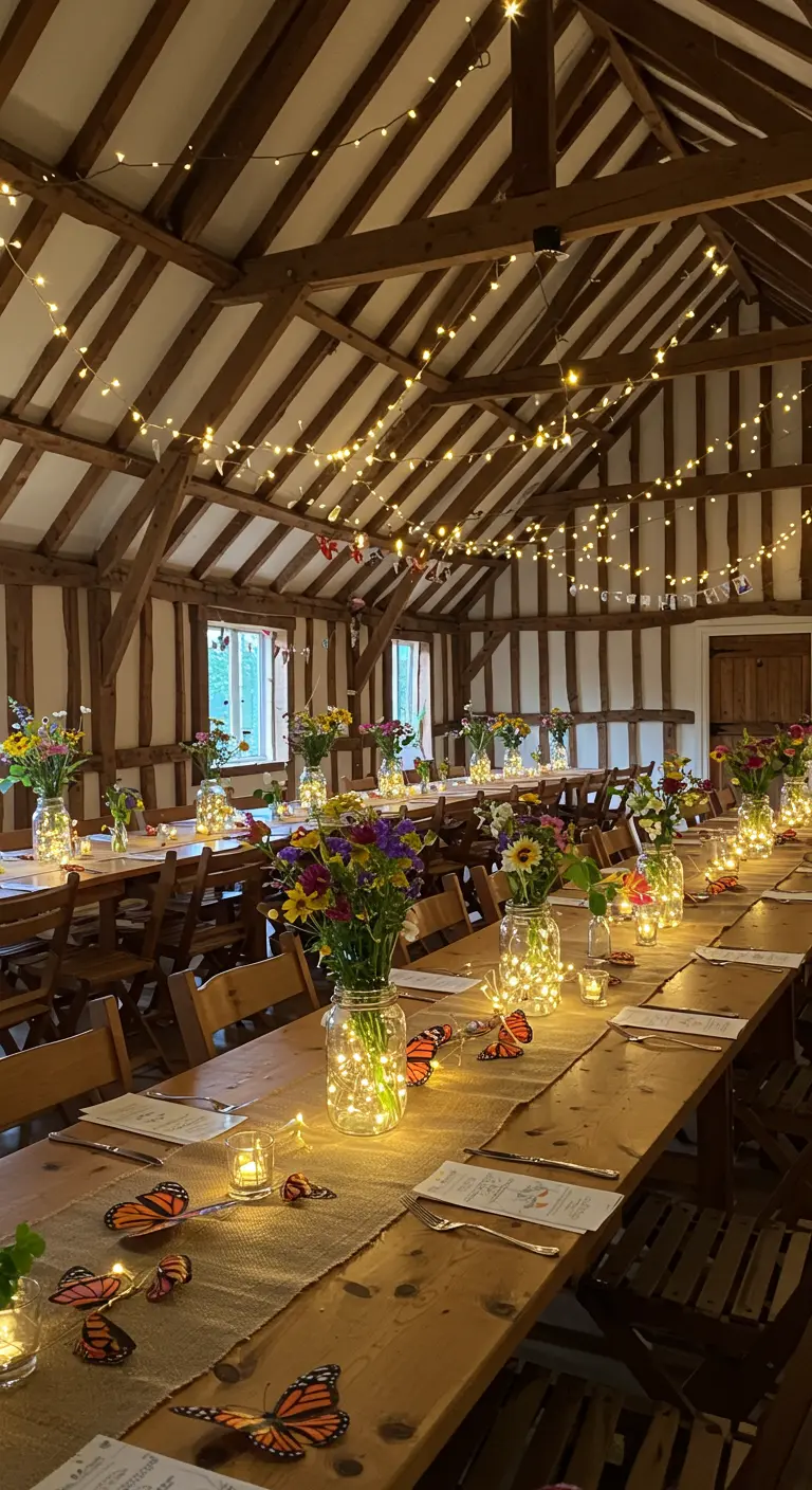 Rustic barn tables decorated with burlap, mason jar lights, and monarch butterflies.
