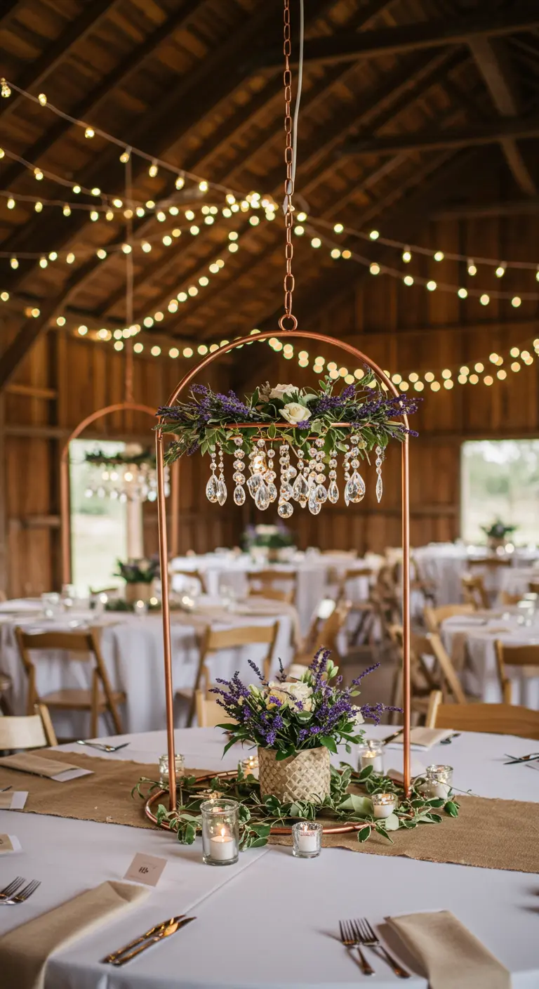 A copper arch centerpiece with hanging crystals, lavender, and roses in a rustic barn.