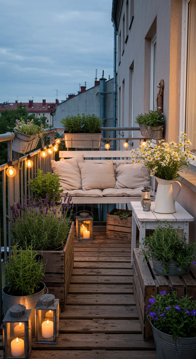 A rustic balcony with a white bench, wooden crates as planters, and glowing lanterns.