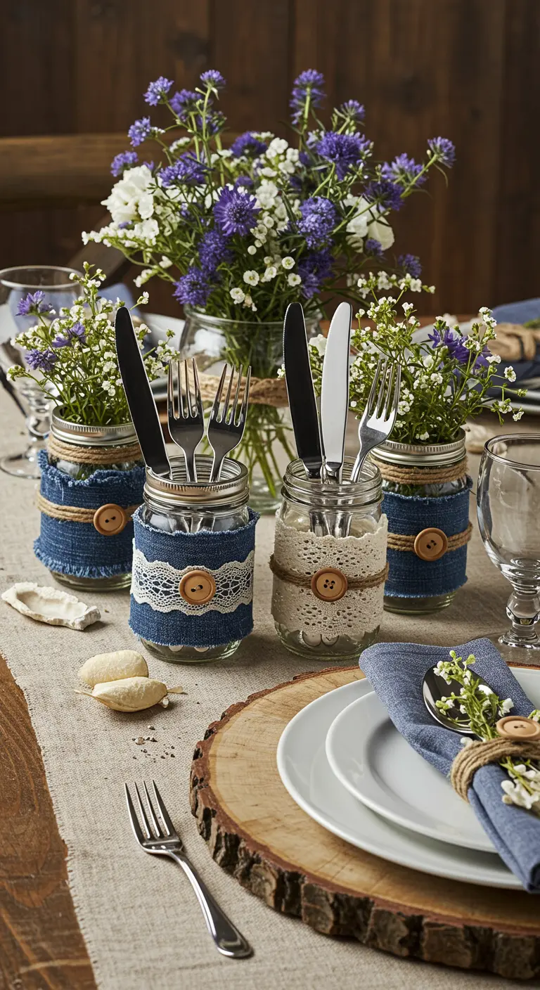 Mason jars wrapped in denim, lace, and buttons used as cutlery holders on a rustic table.