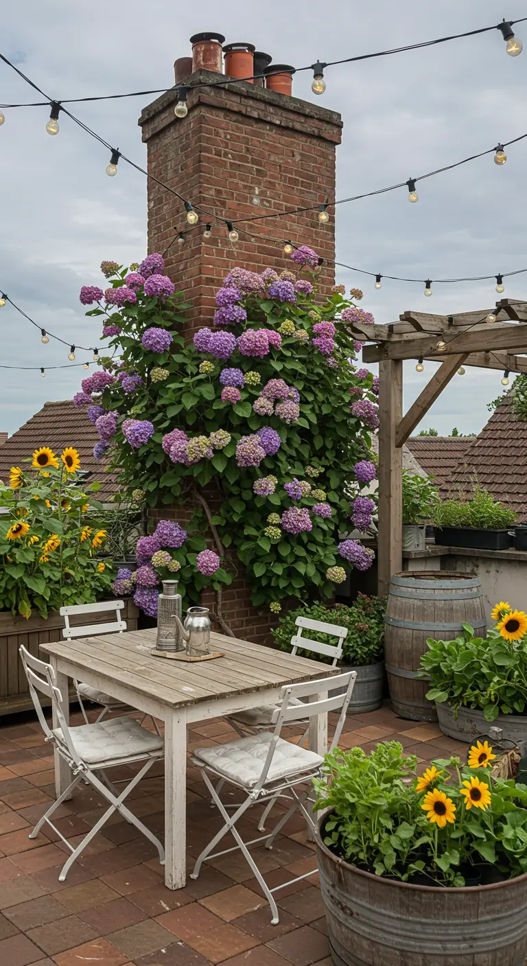 A rustic rooftop with a weathered table, climbing hydrangeas, and sunflowers in barrels.
