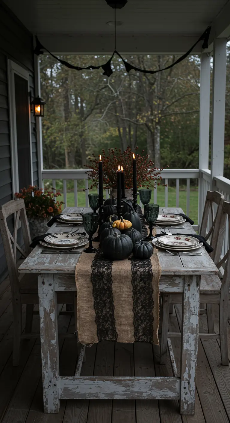 A rustic porch table with a burlap-and-lace runner and a centerpiece of black pumpkins.