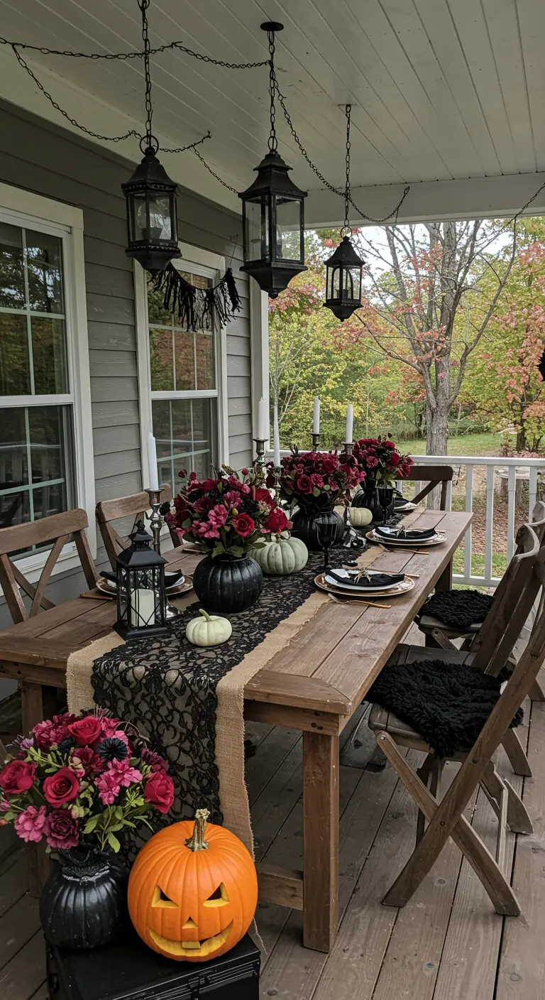 A rustic porch dining table decorated with a burlap and lace runner, pumpkins, and red roses.