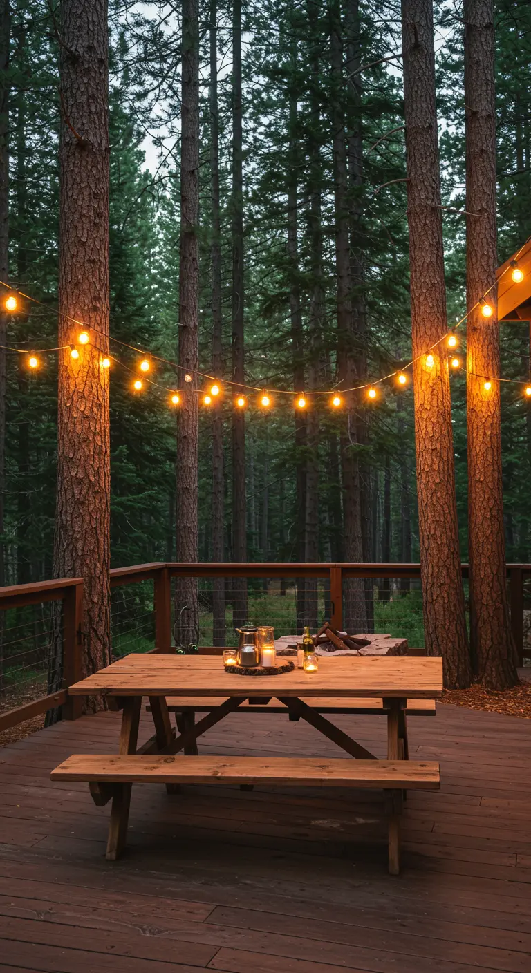 A wooden picnic table on a deck in the forest, with globe lights strung between trees.