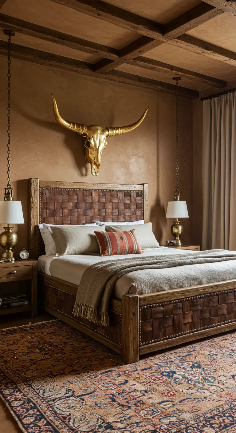 Rustic bedroom with a woven leather bed and a large golden bull skull.