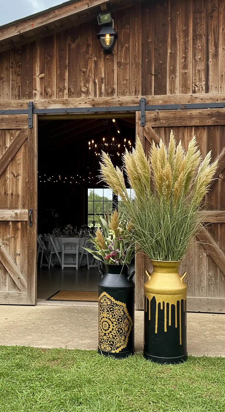 Two decorated milk cans, one with a gold drip effect, stand at the entrance to a rustic barn.