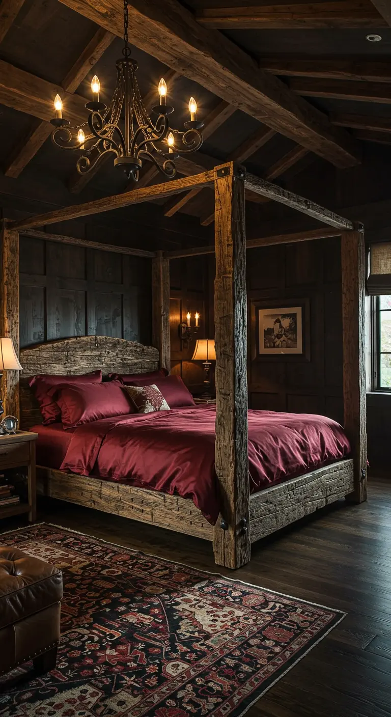 Rustic bedroom with a heavy timber four-poster bed and red satin sheets.