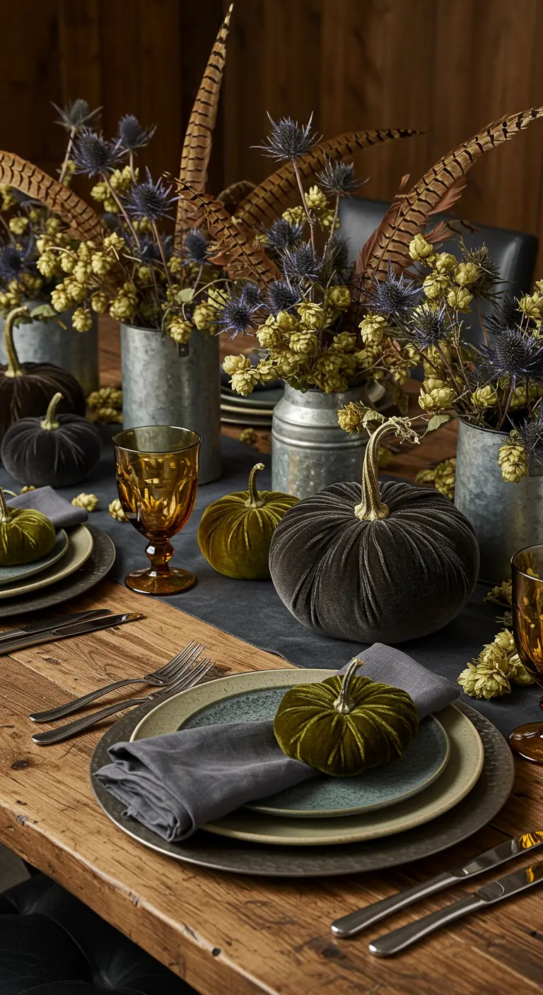 Rustic table with metal vases, pheasant feathers, and dark velvet pumpkins.