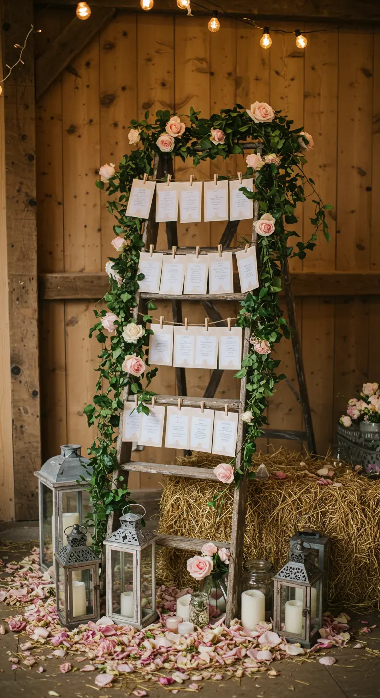 A rustic wooden ladder decorated with rose garlands and holding escort cards.