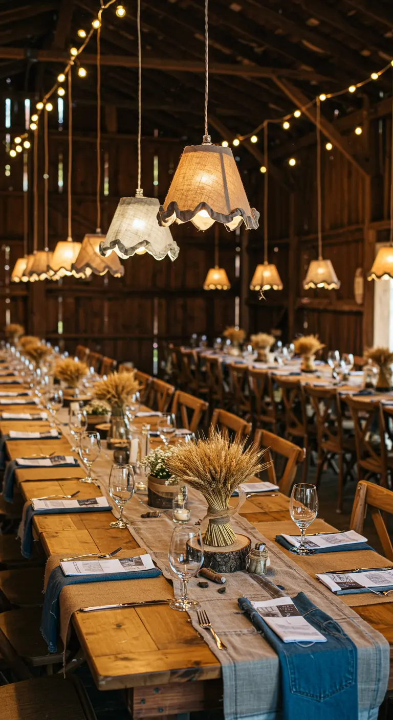 Lampshades covered in rustic, light-colored fabric hanging as chandeliers in a barn.