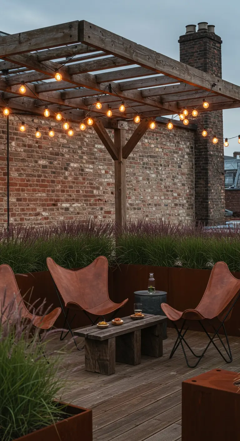 Rooftop deck with brown leather butterfly chairs, a wooden bench, and Corten steel planters.