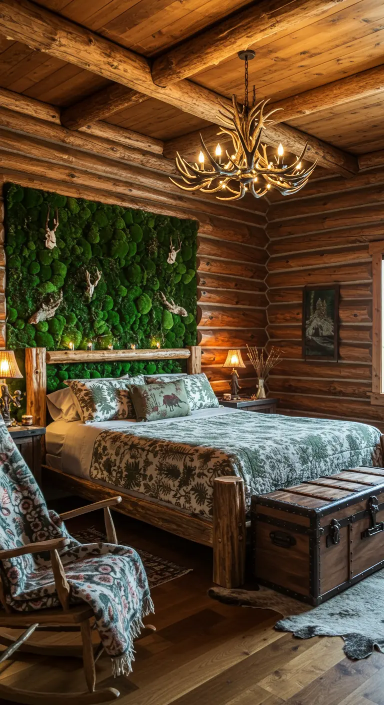 A log cabin bedroom with a moss wall behind the bed, decorated with small antlers.